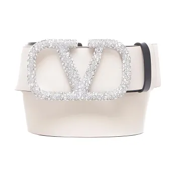 Valentino V Letter Style Smooth Buckle Leather Belts Women's White Width: 4cm