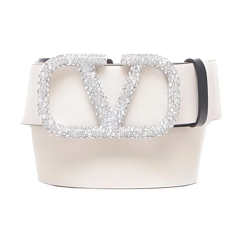 Valentino V Letter Style Smooth Buckle Leather Belts Women's White Width: 4cm-0