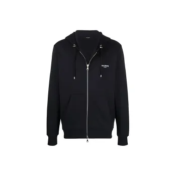 BALMAIN Logo Printed Zipped Drawstring Hoodie