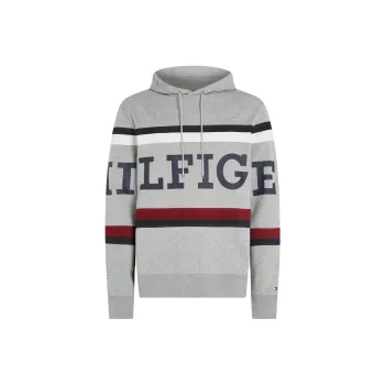 Tommy Hilfiger Global Stripe Hilfiger Monotype Logo Hoody Sweatshirt Men's Light Gray