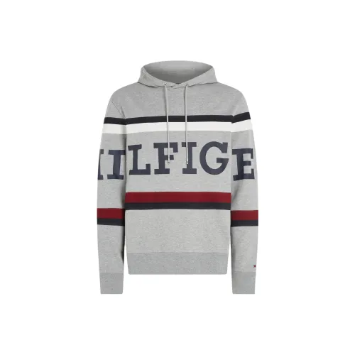 Tommy Hilfiger Global Stripe Hilfiger Monotype Logo Hoody Sweatshirt Men's Light Gray