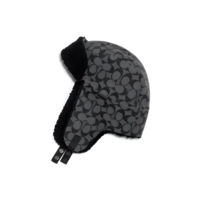 COACH Cotton Acrylic Faux Fur Leather Polyester Trapper Hats Men's Black-1