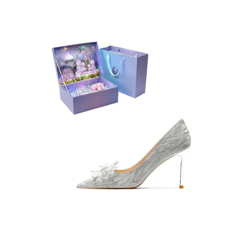 ROBINHOOD Castle Exclusive 3D Box Slim Heel High Heels Women's Silver-5