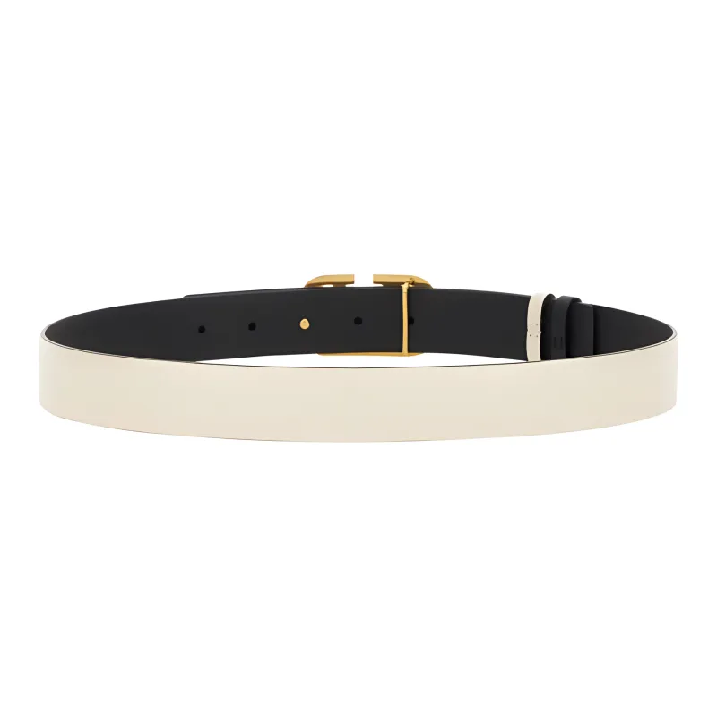 Valentino Logo Emblem Smooth Buckle Leather Belts Women's Beige Width 3.5CM-1