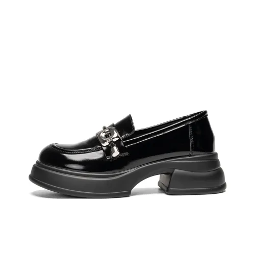 EXULL Q British Style Small Leather Shoes Loafers 3CM Women's Black