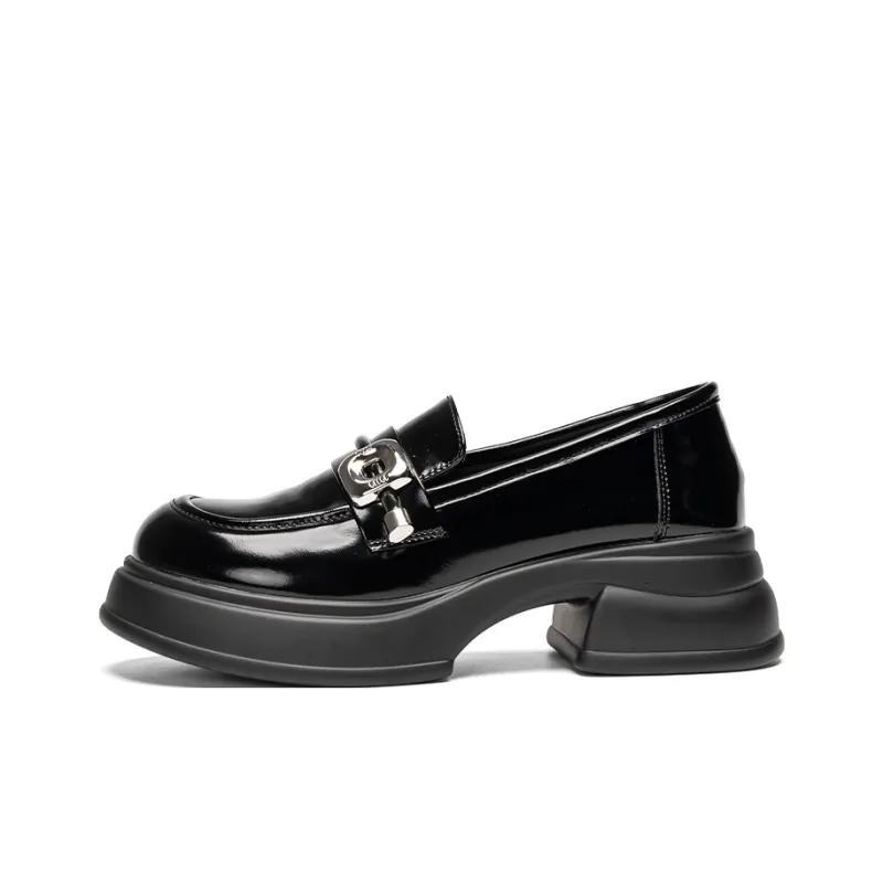 EXULL Q British Style Small Leather Shoes Loafers 3CM Women's Black-0