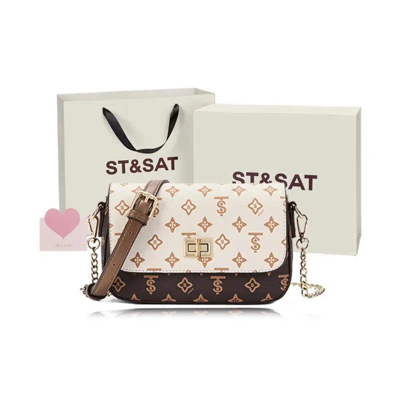 ST&SAT PVC With Synthetic Leather Shoulder Bag, Crossbody Bag, Small Square Bag Regular Women's Coffee/Ecru-4