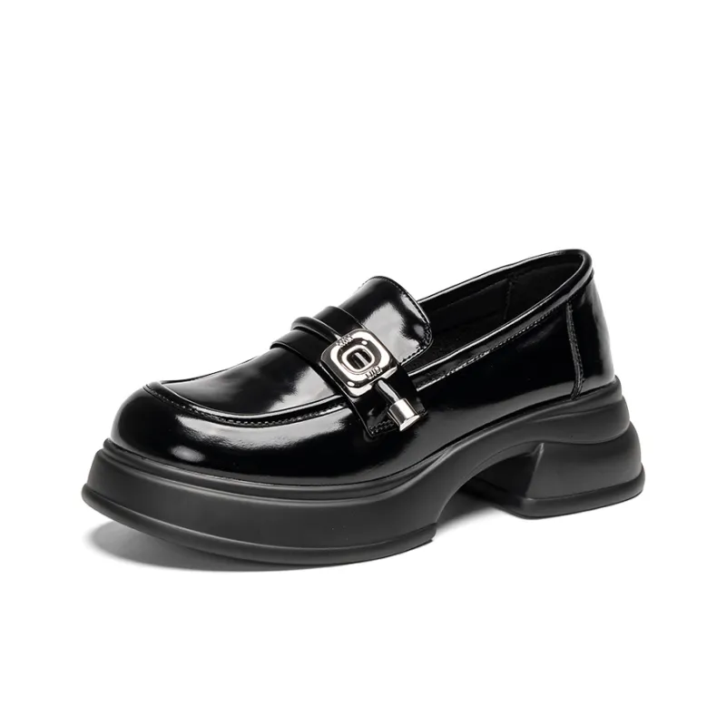 EXULL Q British Style Small Leather Shoes Loafers 3CM Women's Black-1