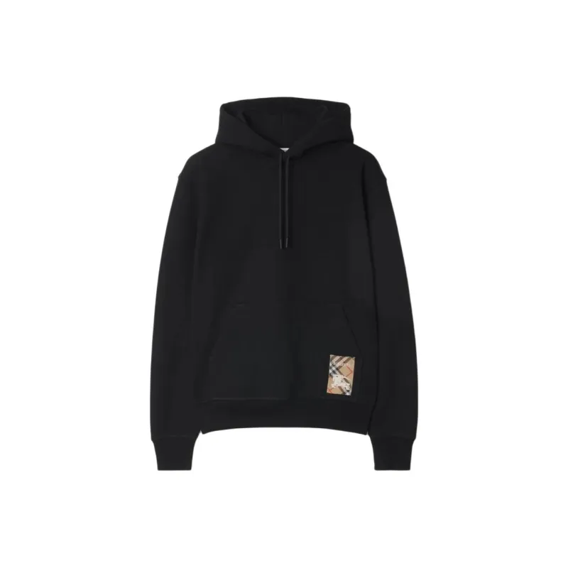 Burberry Check Label Cotton Hoodie Sweatshirt Men's Black-0
