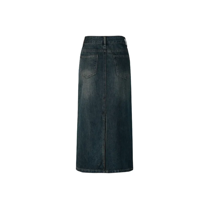 Wen Shan Denim Long Skirt Women's Vintage Blue-1