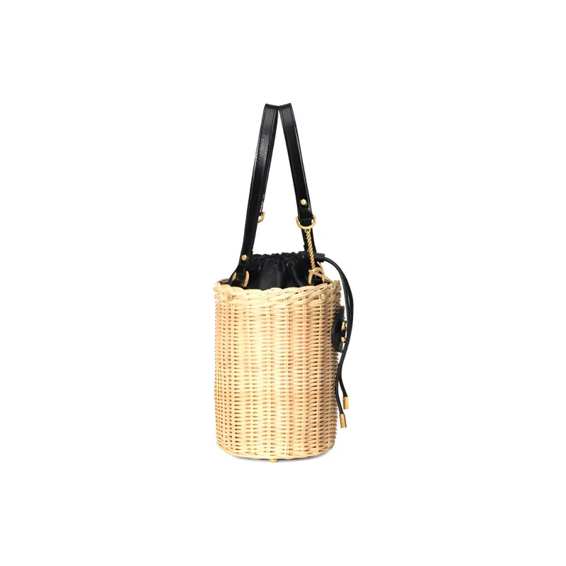 GUCCI Woven Wicker With Leather One Shoulder Handbag, Crossbody Bag Small Size Women's Beige/Black/Gold-2