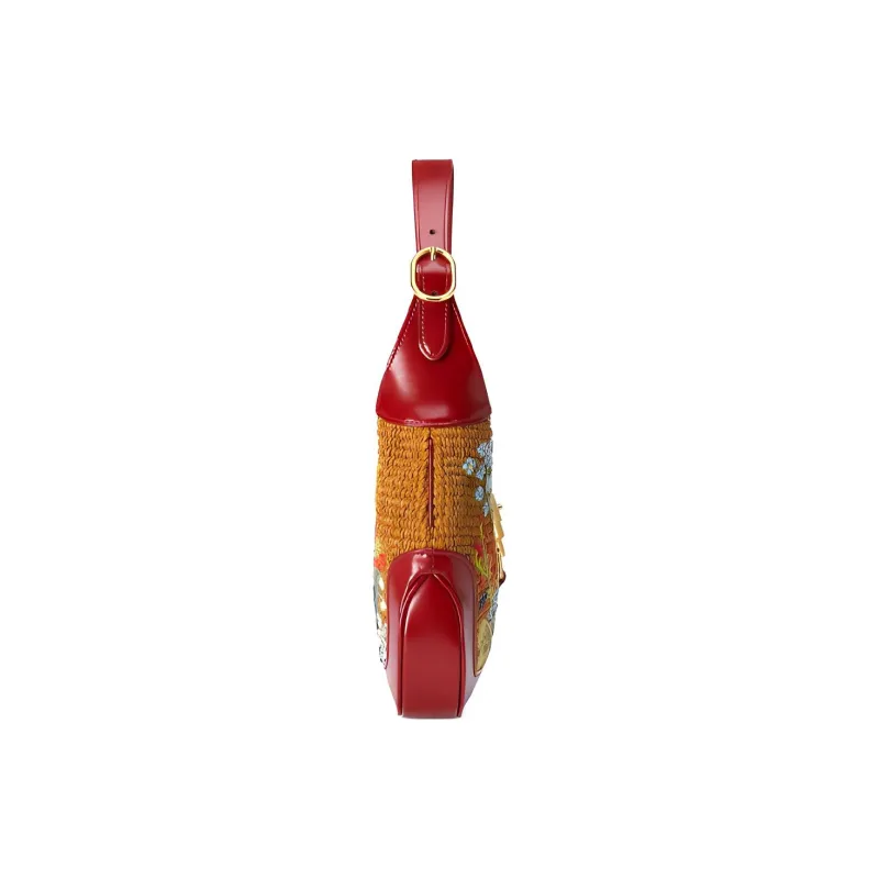 GUCCI Jackie 1961 Fabric With Leather Crescent Shoulder Bag Shoulder Bag Trumpets Women's Red-2