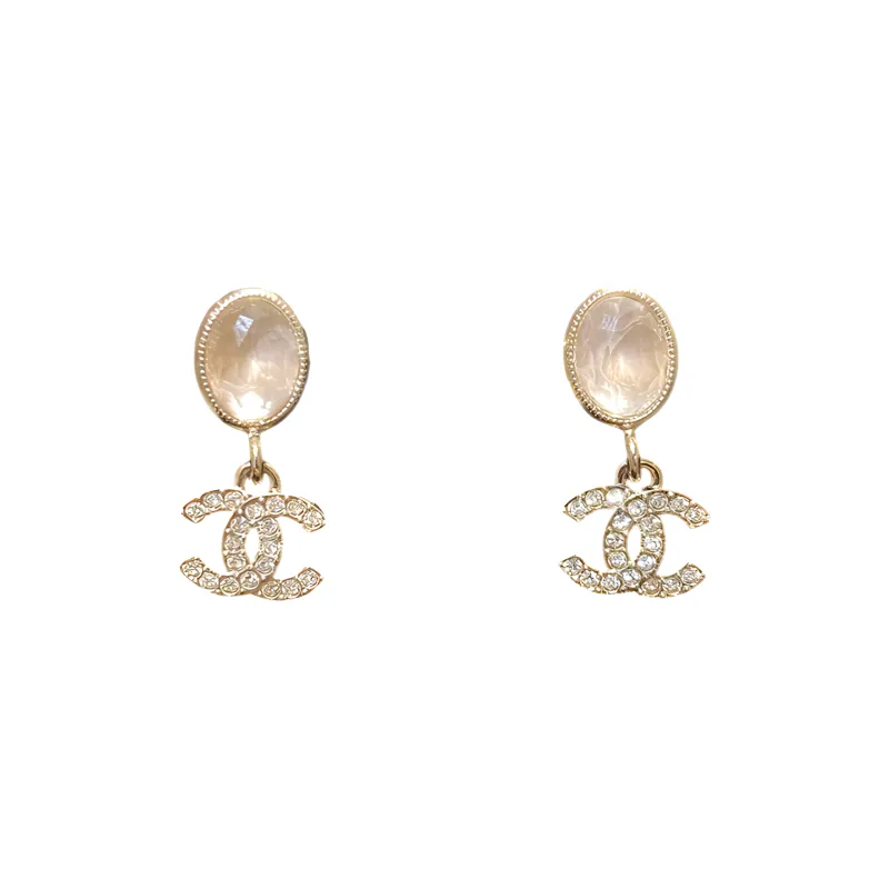 CHANEL New Arrival Double C Gemstone Rhinestones Earrings Women's Gold-0
