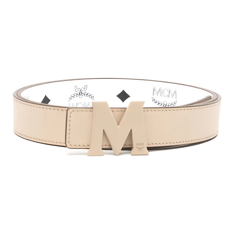 MCM Logo Print Smooth Buckle Leather Belts Unisex White Width  3CM-1