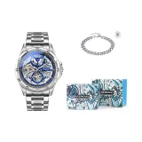 Hip-Hop Bracelet Box-Silver Case Blue Dial Silver Steel Band