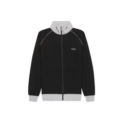 HUGO BOSS FW22 Men Embroidered Logo Panel Zip Up Jacket Black