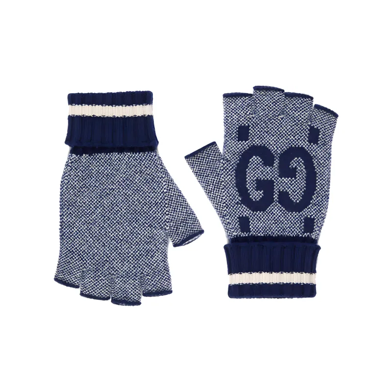 GUCCI Knit Gloves Men's Navy Blue/ivory White-0