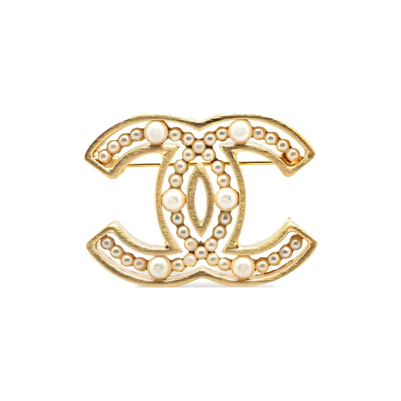 CHANEL 2002 Plated Faux Pearl Cc Brooch Costume Brooch-1
