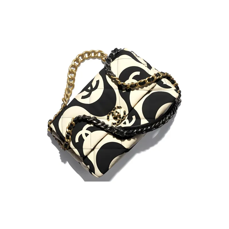 CHANEL 19Bag Print Fabric Metal Chain Flap Crossbody Portable One Shoulder Backpack Tubas Women's Black-2