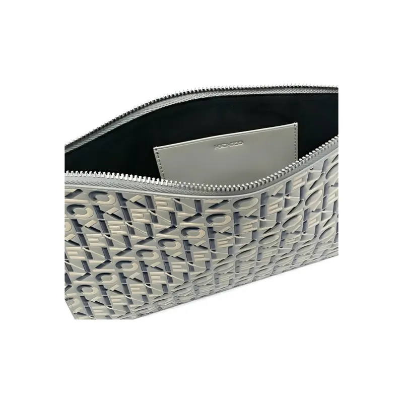 KENZO Letter Logo Cow Leather Clutch Women's Black White Gray-3