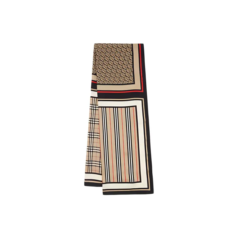 Burberry Monogram Icon Stripe And Check Print Silk Scarf-0