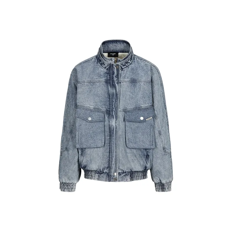 BONELESS Loose Fit Thickened And Fleece Lined Denim Jacket Winter Unisex Blue-0