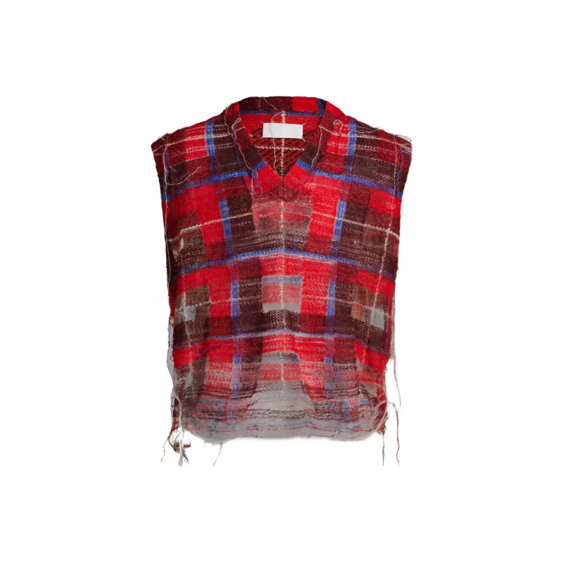 Maison Margiela Checked V-Neck Distressed Vest-0