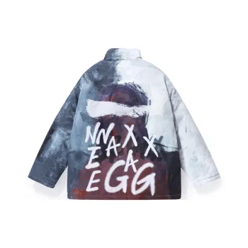 GENANX Letter Colorblock Stand Collar Loose Fit Puffer Jacket Unisex Gray