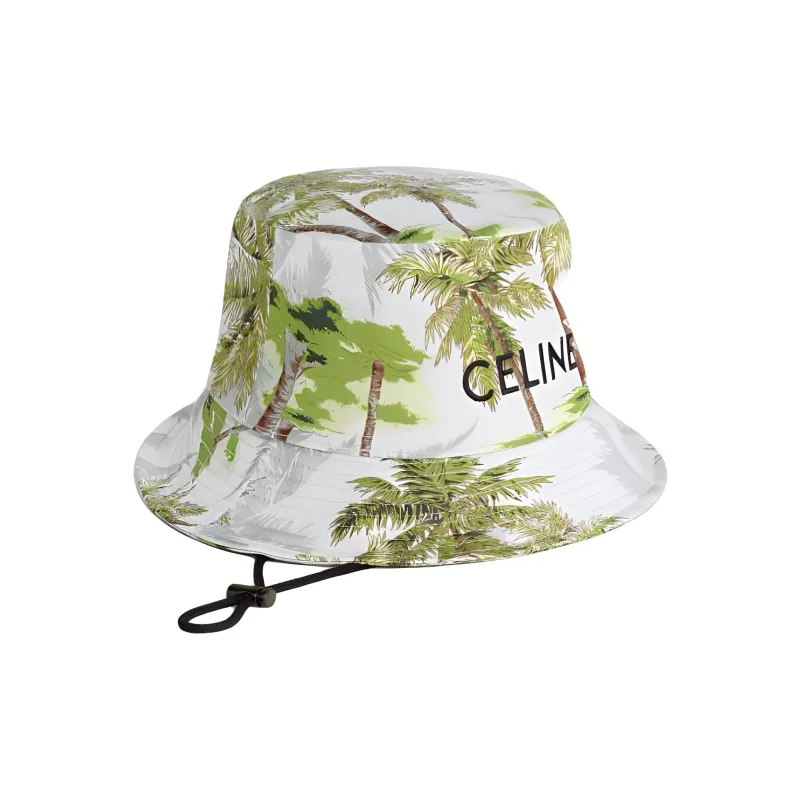 CELINE Embroidery In Ombre Palm Tree Print Cotton Gabardine Bucket Hat With Drawstring-1