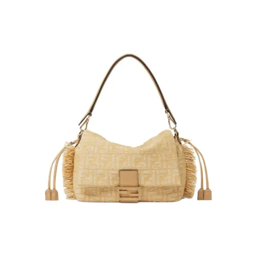FENDI Baguette Cotton Shoulder Bag Medium Size Women's Beige