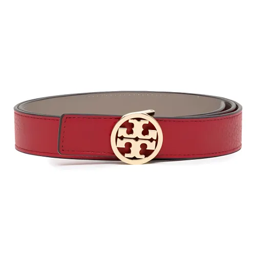 TORY BURCH Iconic Double T Pattern Smooth Buckle Leather Belts Women's Red Width 3cm