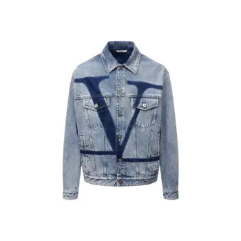Valentino Garavani Mens Letter Logo Collared Denim Jackets Blue