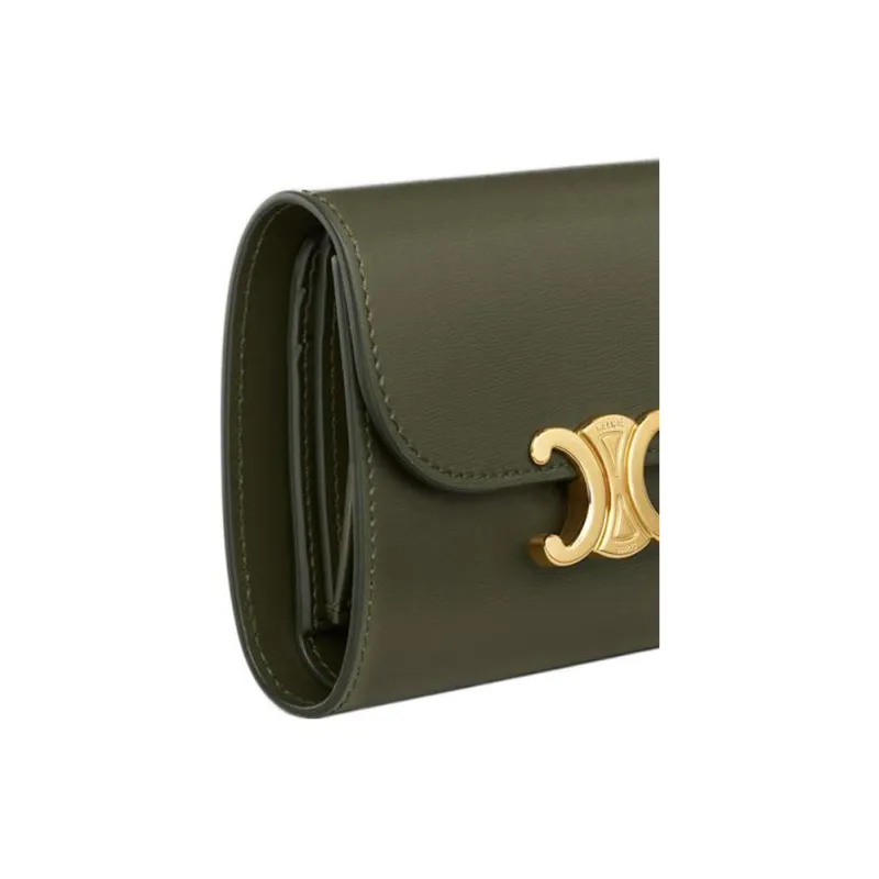CELINE Triomphe Calfskin Wallet Small Size Women's Khaki Green-4