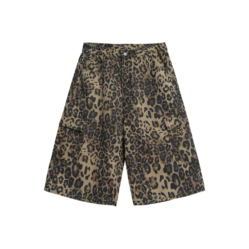 FONDLOOK Denim Shorts Unisex Leopard Print-2