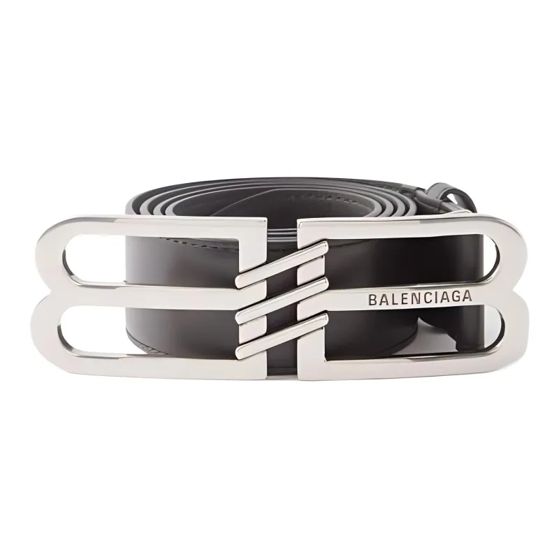 Balenciaga Double B Logo Lettering Engraved Smooth Buckle Calfskin Leather Belts Men's Black-0