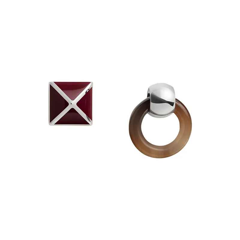 HERMES Horn Lacquered Finish Metal Palladium-Plated Earrings Unisex Red-0