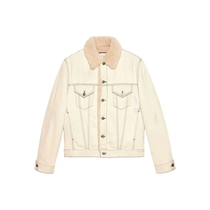 GUCCI Shearling Lined Denim Jacket With Sketch Snake Print-0
