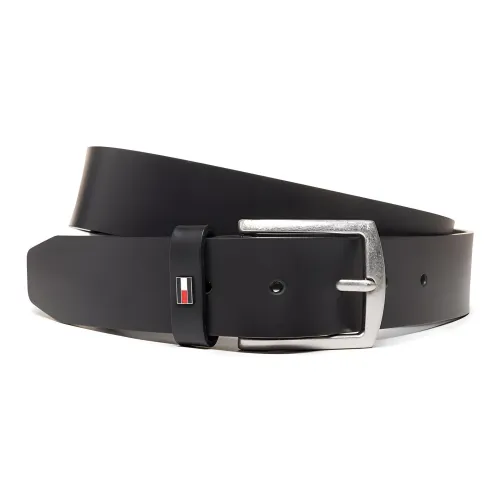 Tommy Hilfiger Logo Badge Pin Buckle Leather Belts Men's Black Width: 3.5cm