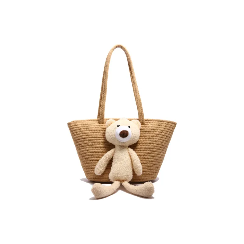 Yalu Cotton Tote Bag, Shoulder Bag Medium Size Women's White/Brown-5