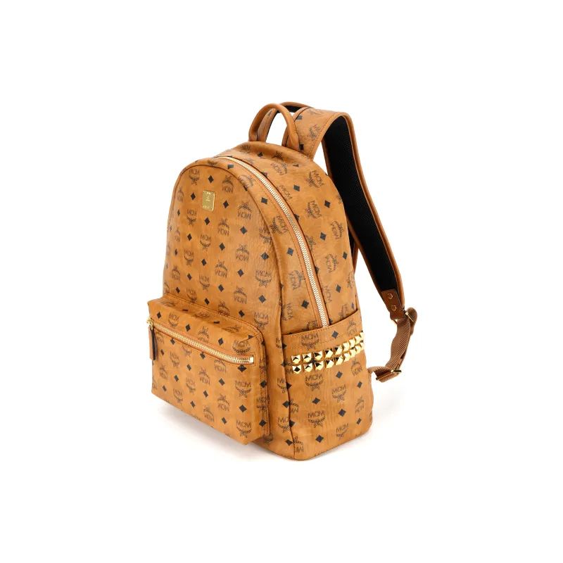 MCM Stark Visetos Nappa Leather Trim Backpack Medium Size Unisex Brown Cognac-1