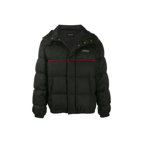 VERSACE Solid Color Detachable Hood Down Jacket Men's Black