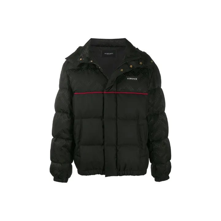 VERSACE Solid Color Detachable Hood Down Jacket Men's Black-0