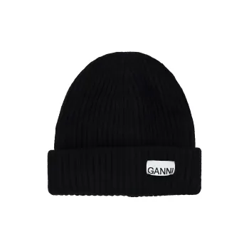 GANNI Wool blend Ribbed knit Beanie Hat