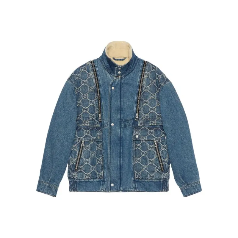 GUCCI Denim Jackets Men Blue With White Lettering-0