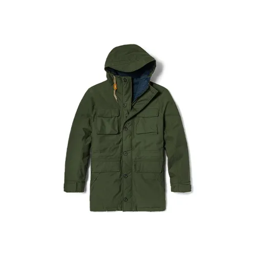 Timberland Solid Color Geometric Pattern Hooded Thickened Mid Length Down Jacket Men's Green