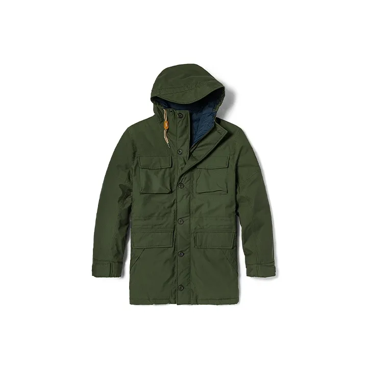 Timberland Solid Color Geometric Pattern Hooded Thickened Mid Length Down Jacket Men's Green-0