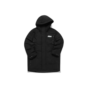 FILA FUSION TOKYO STUDIO Letter Hooded Loose Fit Mid Length Down Jacket Men's Pitch Black