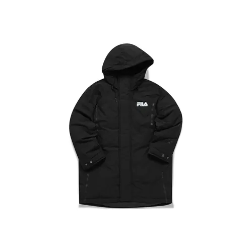 FILA FUSION TOKYO STUDIO Letter Hooded Loose Fit Mid Length Down Jacket Men's Pitch Black