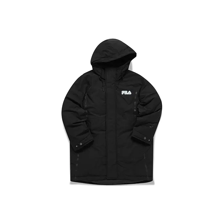 FILA FUSION TOKYO STUDIO Letter Hooded Loose Fit Mid Length Down Jacket Men's Pitch Black-0