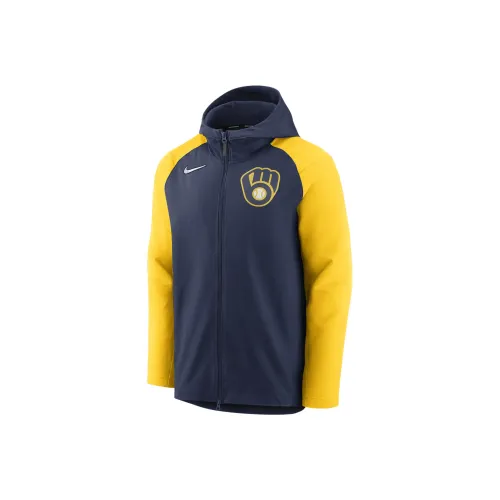 nike code x MLB Therma Player Jackets Coats Milwaukee Brewing Company Team Men's Marine Blue